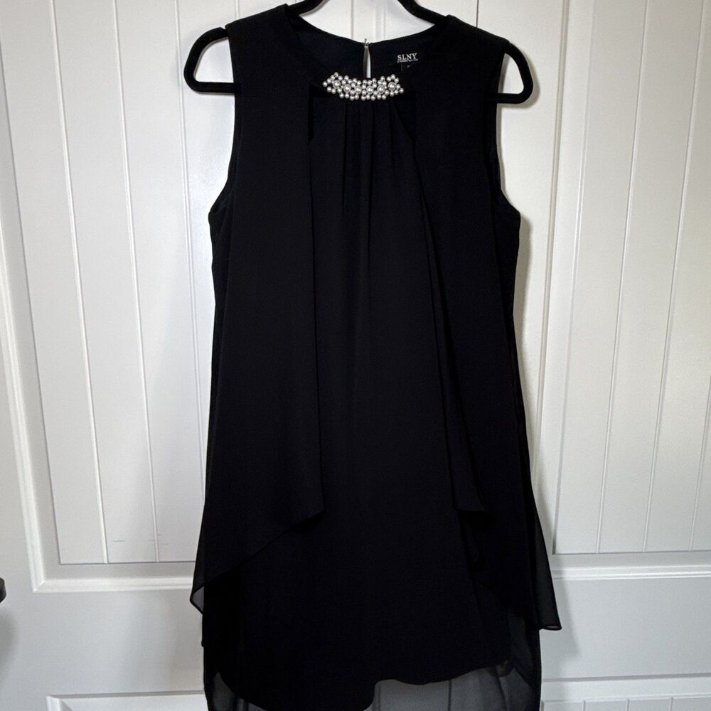 SLNY Black Chiffon Shift Dress Beaded Round Neck Lined Knee Length Size 12